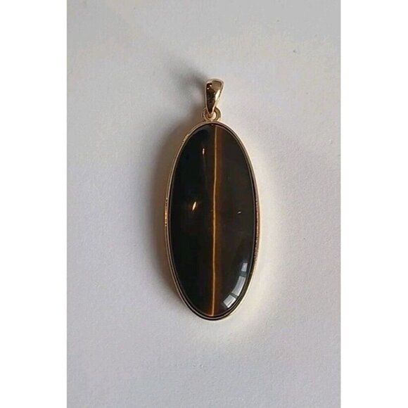 Tiger’s Eye Natural Stone Pendant Handmade Oval Shiny Gold Tone Setting - Picture 1 of 12